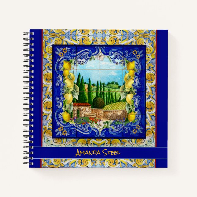 summer italian Majolica blue tiles citrus monogram Notebook (Front)