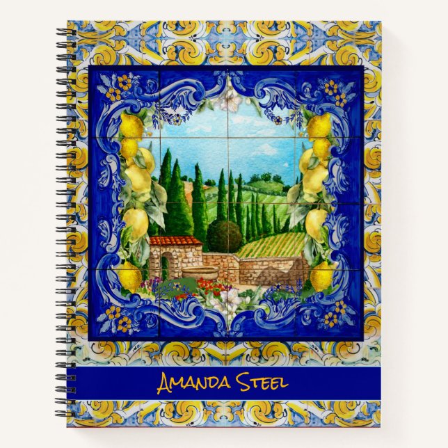 summer italian Majolica blue tiles citrus monogram Notebook (Front)