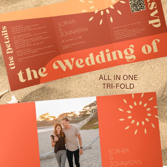Summer Italian sunset photo all in one QR wedding Tri-Fold Invitation (Creator Uploaded)