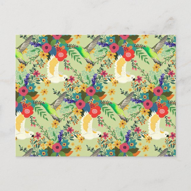 Summer Jungle Tropical Parrot Flowers Blossom Announcement Postcard (Front)