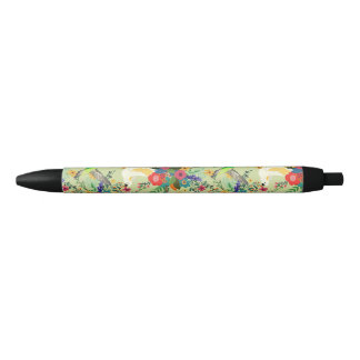 Summer Jungle Tropical Parrot Flowers Blossom Black Ink Pen