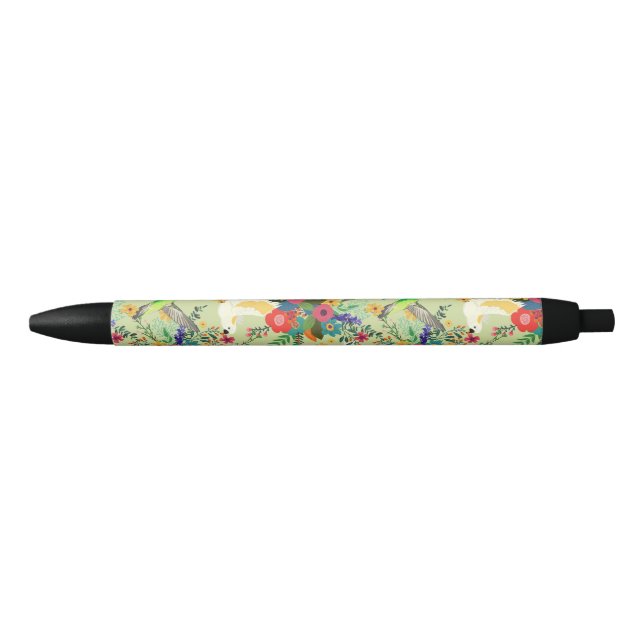 Summer Jungle Tropical Parrot Flowers Blossom Black Ink Pen (Front)