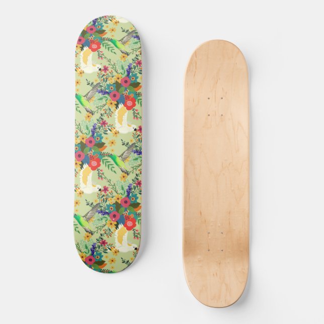 Summer Jungle Tropical Parrot Flowers Blossom Skateboard (Front)