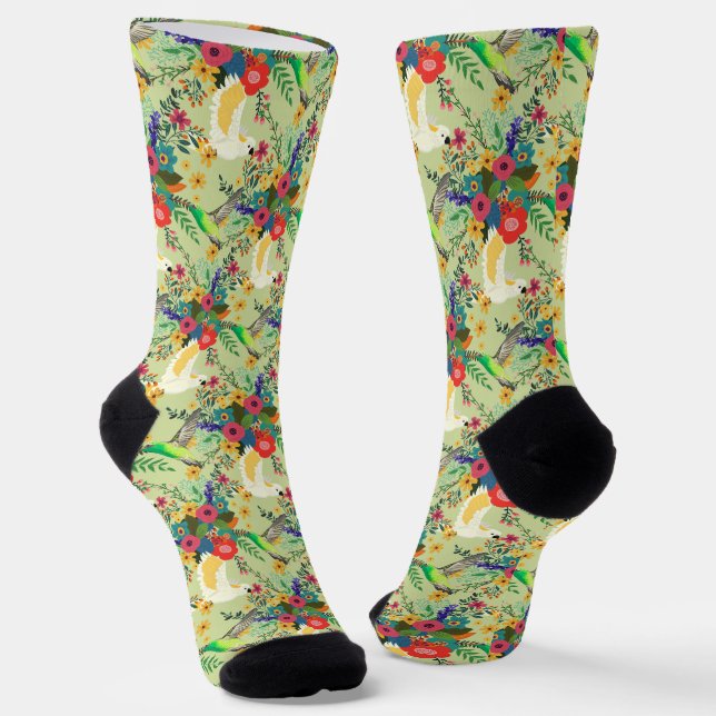 Summer Jungle Tropical Parrot Flowers Blossom Socks (Angled)
