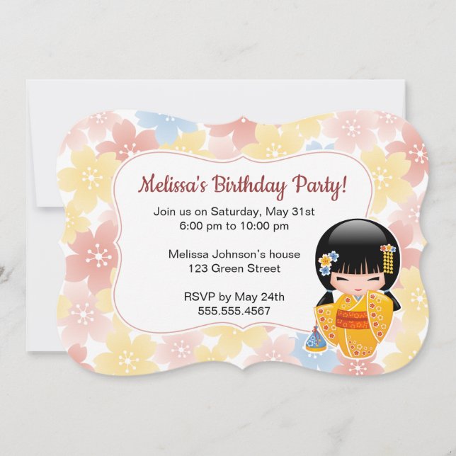Summer Kokeshi Doll - Cute Geisha Birthday Party Invitation (Front)