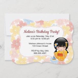 Summer Kokeshi Doll - Cute Geisha Birthday Party Invitation
