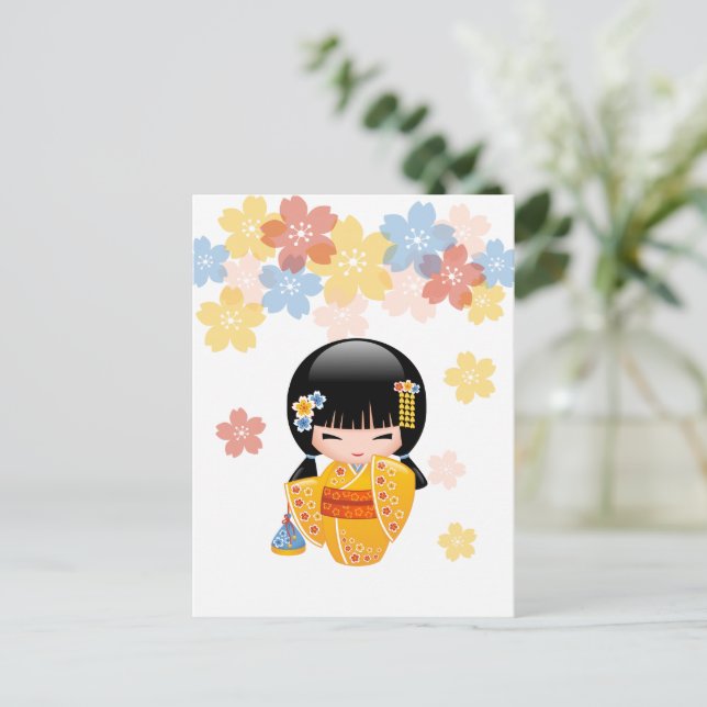 Summer Kokeshi Doll - Yellow Kimono Best Wishes Postcard (Standing Front)