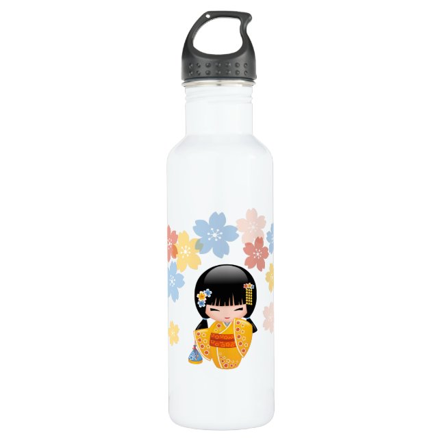 Summer Kokeshi Doll - Yellow Kimono Geisha Girl 710 Ml Water Bottle (Front)