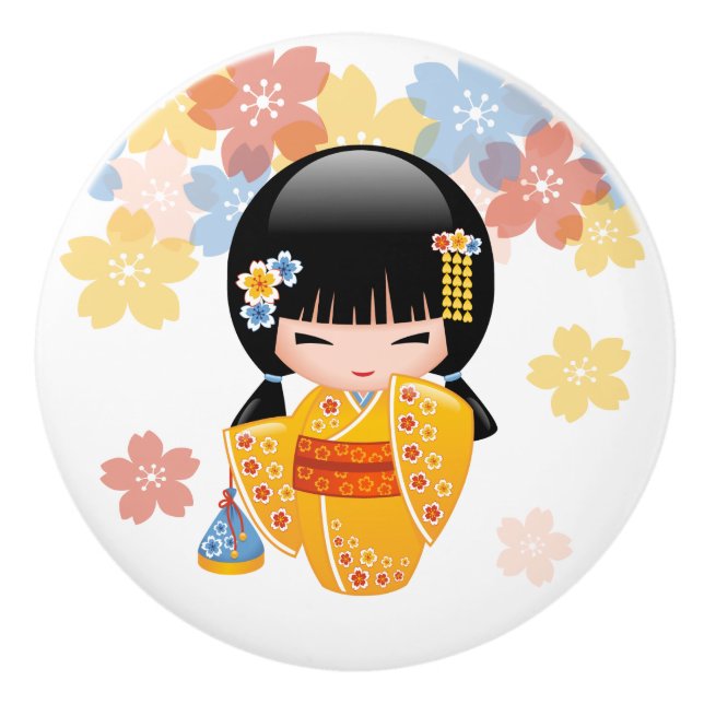 Summer Kokeshi Doll - Yellow Kimono Geisha Girl Ceramic Knob (Front)