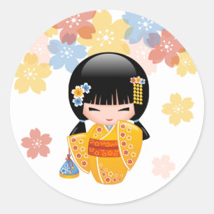 Summer Kokeshi Doll - Yellow Kimono Geisha Girl Classic Round Sticker