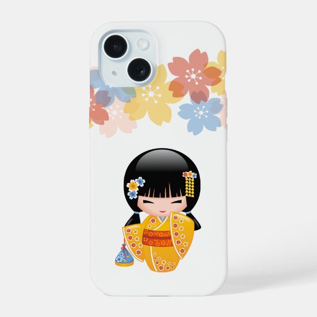 Summer Kokeshi Doll - Yellow Kimono Geisha Girl iPhone 15 Case (Back)