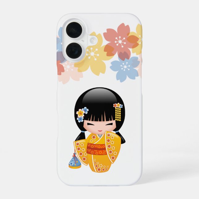 Summer Kokeshi Doll - Yellow Kimono Geisha Girl iPhone 16 Case (Back)