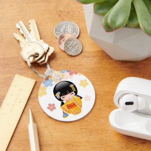 Summer Kokeshi Doll - Yellow Kimono Geisha Girl Key Ring
