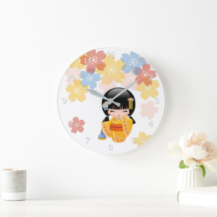 Summer Kokeshi Doll - Yellow Kimono Geisha Girl La Large Clock