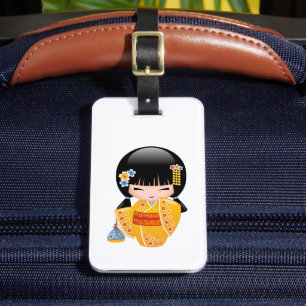 Summer Kokeshi Doll - Yellow Kimono Geisha Girl Luggage Tag