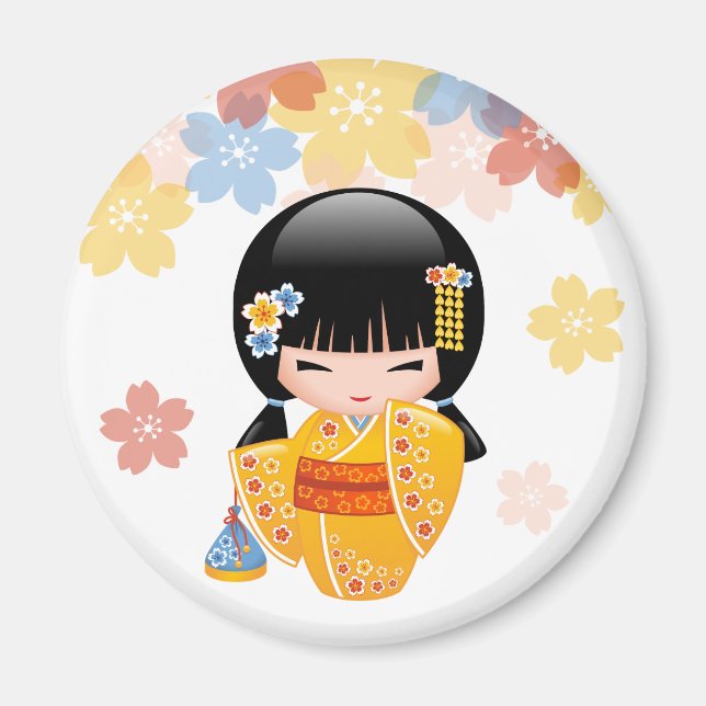 Summer Kokeshi Doll - Yellow Kimono Geisha Girl Magnet (Front)