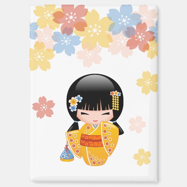 Summer Kokeshi Doll - Yellow Kimono Geisha Girl Magnet (Front)