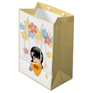 Summer Kokeshi Doll - Yellow Kimono Geisha Girl Medium Gift Bag