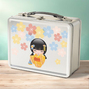 Summer Kokeshi Doll - Yellow Kimono Geisha Girl Metal Lunch Box