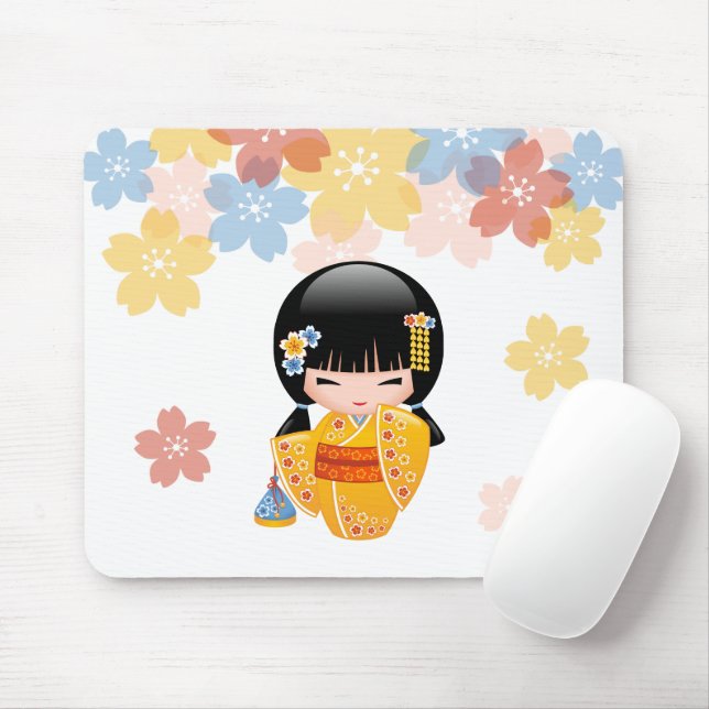 Summer Kokeshi Doll - Yellow Kimono Geisha Girl Mouse Mat (With Mouse)