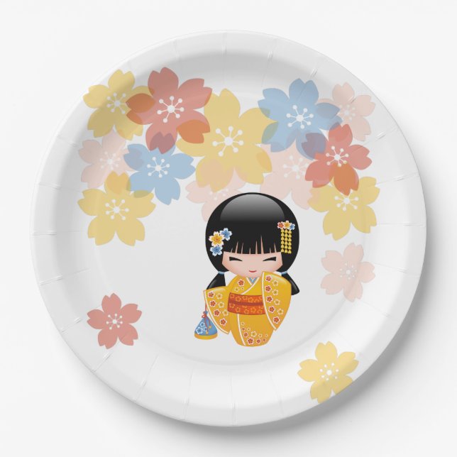 Summer Kokeshi Doll - Yellow Kimono Geisha Girl Paper Plate (Front)