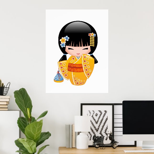 Summer Kokeshi Doll - Yellow Kimono Geisha Girl Poster (Home Office)