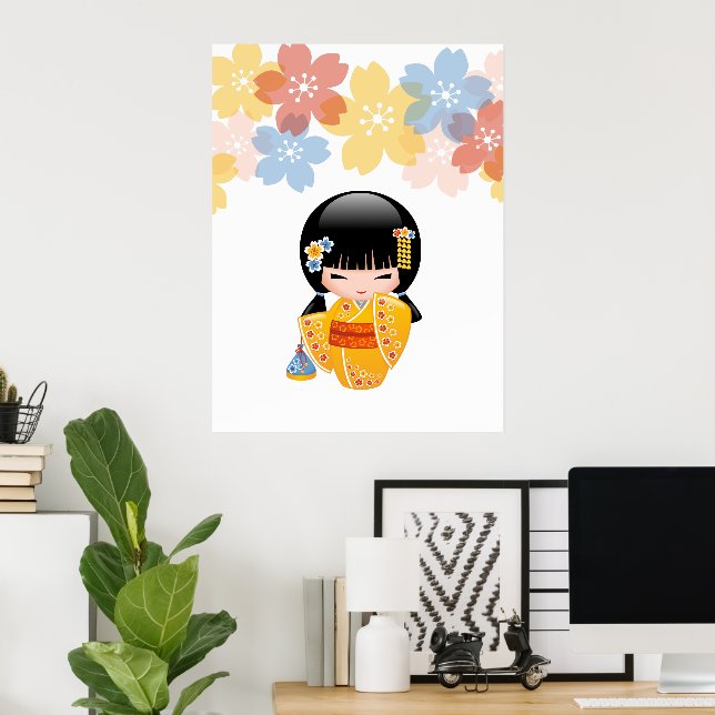 Summer Kokeshi Doll - Yellow Kimono Geisha Girl Poster (Home Office)