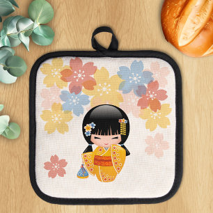 Summer Kokeshi Doll - Yellow Kimono Geisha Girl Pot Holder