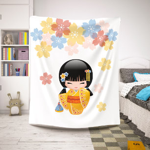 Summer Kokeshi Doll - Yellow Kimono Geisha Girl Sherpa Blanket