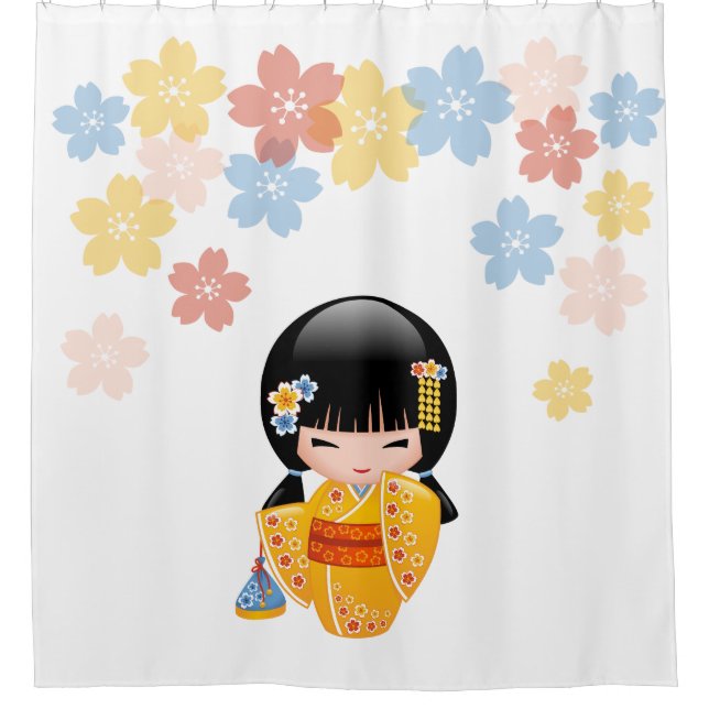 Summer Kokeshi Doll Yellow Kimono Geisha Girl Shower Curtain (Front)