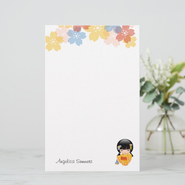 Summer Kokeshi Doll - Yellow Kimono Geisha Girl Stationery (Standing Front)
