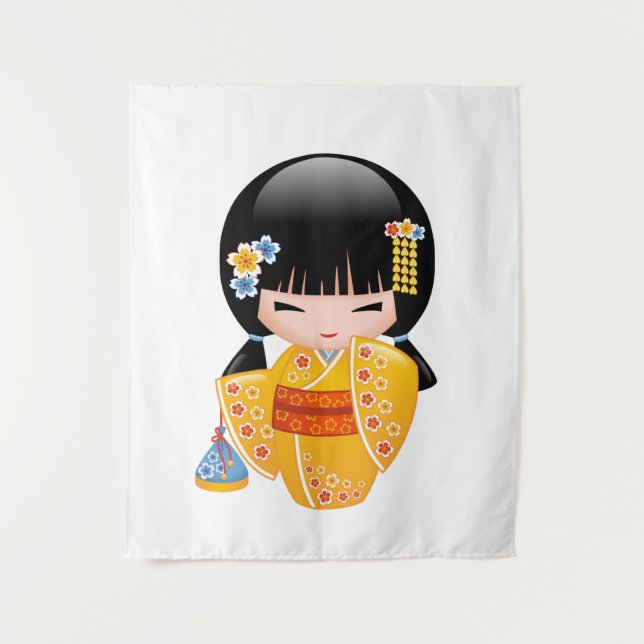 Summer Kokeshi Doll - Yellow Kimono Geisha Girl Tapestry (Front)