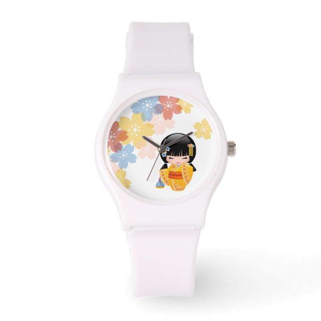 Summer Kokeshi Doll - Yellow Kimono Geisha Girl Watch (Front)