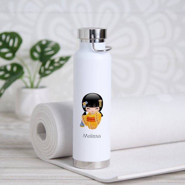 Summer Kokeshi Doll - Yellow Kimono Geisha Girl Water Bottle (Yoga (Rotated))