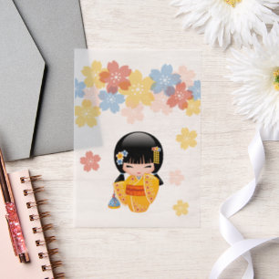 Summer Kokeshi Doll Yellow Kimono Geisha Insert Vellum Invitations