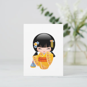 Summer Kokeshi Doll - Yellow Kimono Girl Postcard