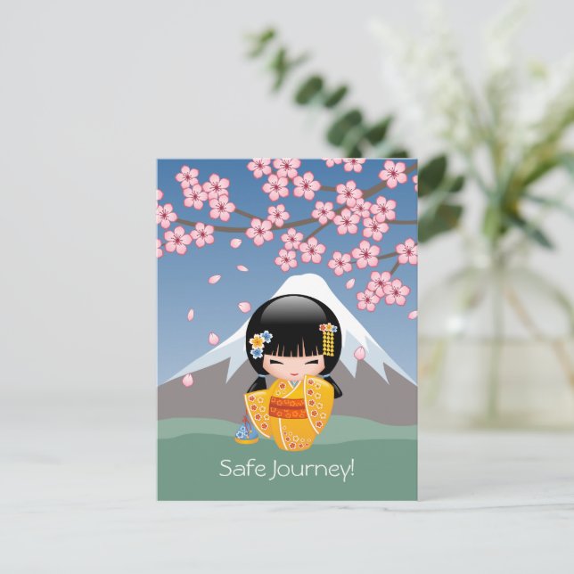 Summer Kokeshi Doll - Yellow Kimono Safe Journey Postcard (Standing Front)