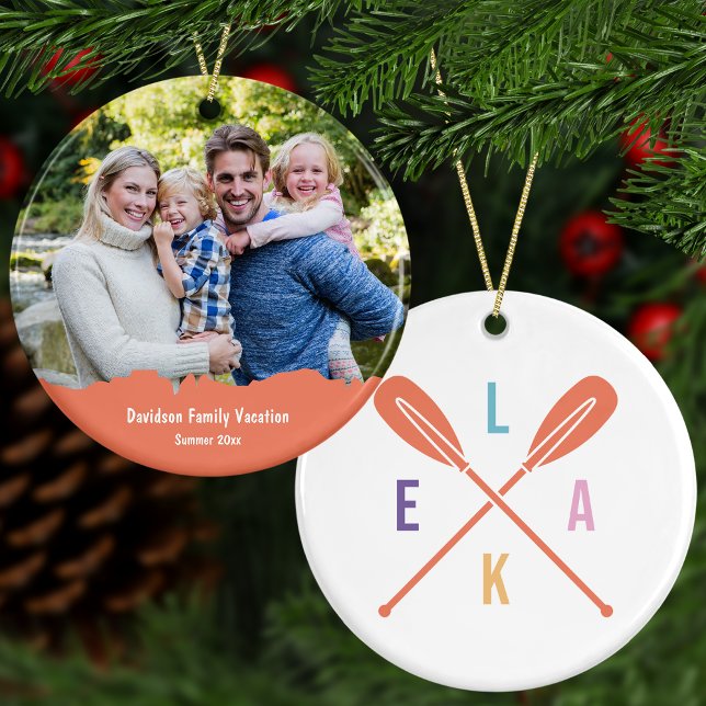 Summer Lake Paddles Custom Text + Photo Christmas Ceramic Tree Decoration (Add a photo and text for a special family vacation keepsake! Also available in green and red.)