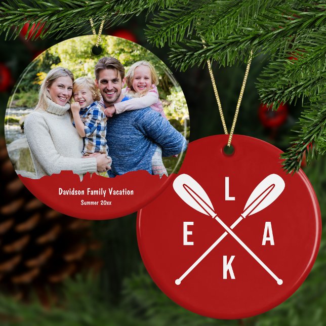 Summer Lake Paddles Text + Photo Red Christmas Ceramic Tree Decoration (This custom keepsake is also available in green and pastel pink colors.)