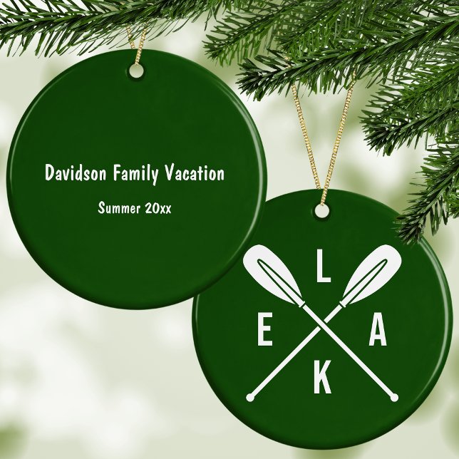 Summer Lake Paddles w/ Custom Text Green Christmas Ceramic Tree Decoration (This custom keepsake is also available in red and pastel pink colors.)