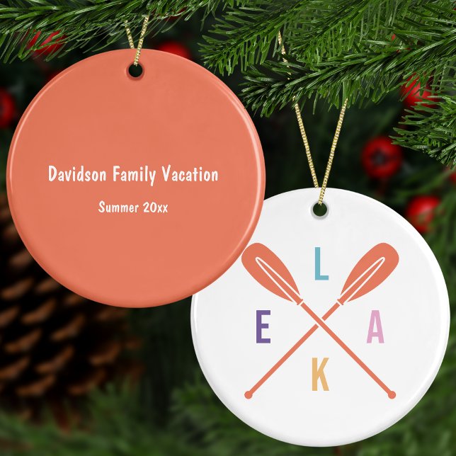 Summer Lake Paddles with Custom Text Christmas Ceramic Tree Decoration (This custom keepsake is also available in green and red colors.)