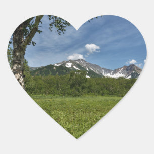 Summer landscape with mountain view on sunny day heart sticker