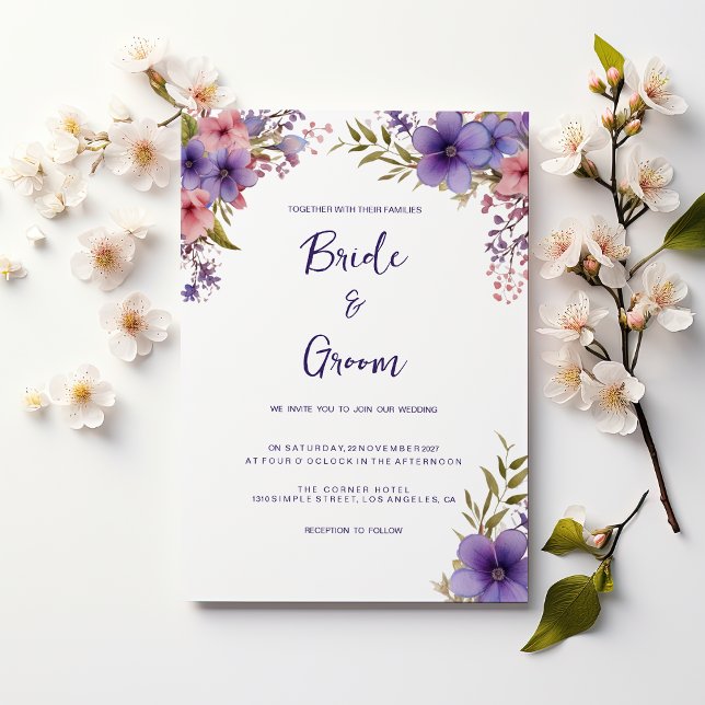 Summer lavender pink floral frame Wedding  Invitation (Summer lavender pink floral frame Wedding )