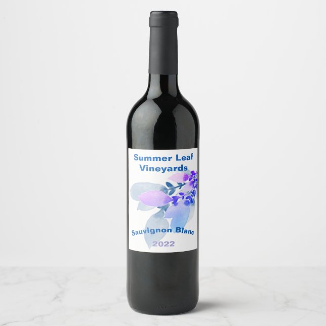 Summer Leaf, Blue & Lavender, Set of 6 Wine Labels (Front)