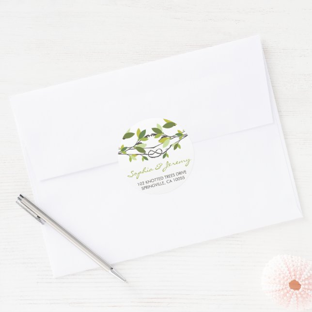 Summer Leaves Knotted Love Trees Whimsical Wedding Classic Round Sticker (Envelope)
