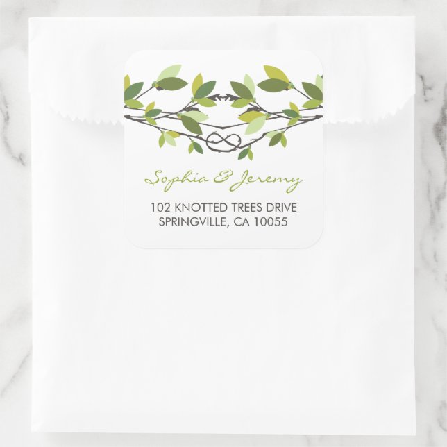 Summer Leaves Knotted Love Trees Whimsical Wedding Square Sticker (Bag)