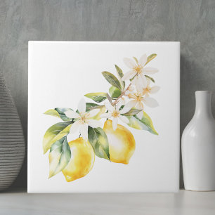 Summer Lemon and Flowers Botanical Tree Branch Tile