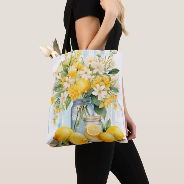 Summer Lemon Blossom Jar Tote Bag (Close Up)