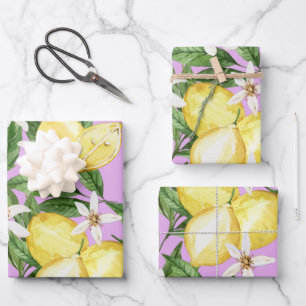 Summer Lemon blossom pattern on lila Wrapping Paper Sheet