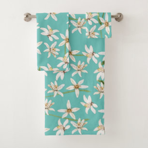 Summer Lemon blossom pattern on teal  Bath Towel Set